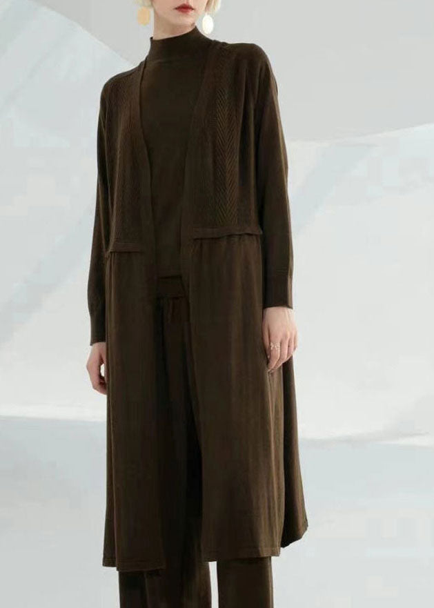 Simple Coffee Green V Neck Patchwork Wool Loose Cardigan Long Sleeve
