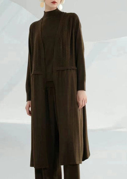 Simple Coffee Green V Neck Patchwork Wool Loose Cardigan Long Sleeve