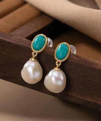 Chic Blue Sterling Silver Overgild Turquoise Pearl Drop Earrings