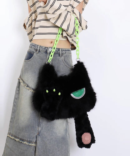 Novelty Black Cat Shaped Fuzzy Fur Fluffy Girls Handbags