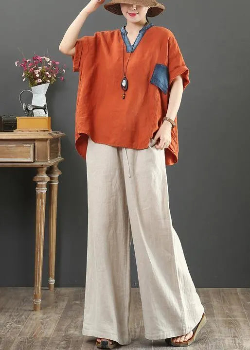 French orange linen tops women v neck pockets silhouette shirt