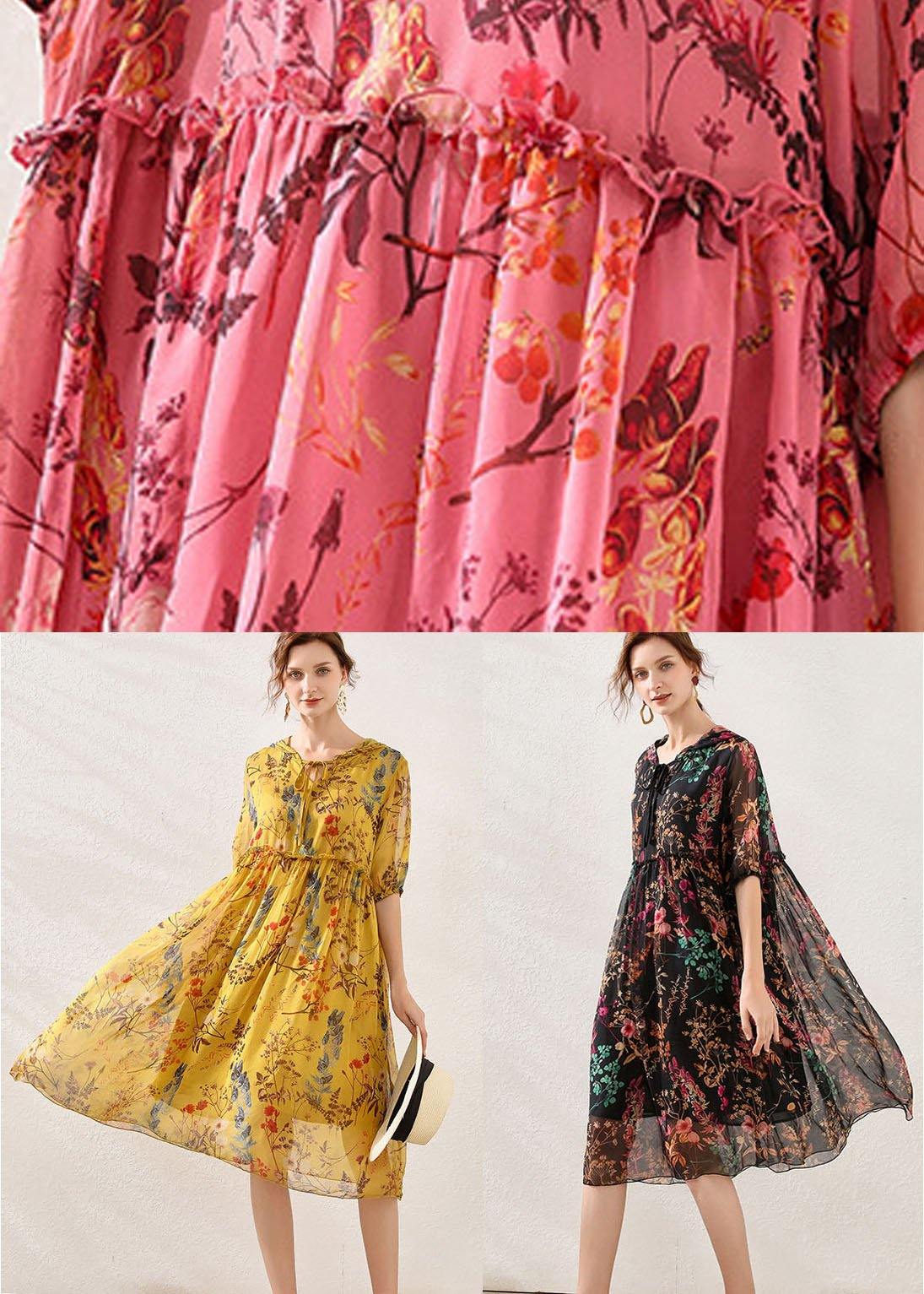 Boho Pink Cinched Print Summer Chiffon Mid Dress Half Sleeve