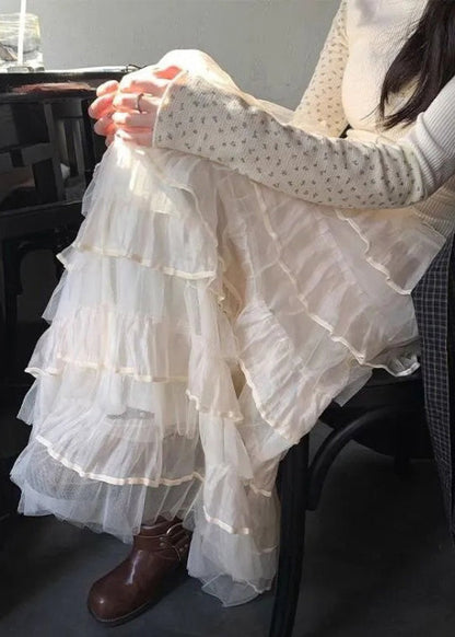 Italian Beige Layered Solid Elastic Waist Tulle Skirts Summer