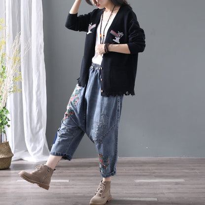 Denim Floral Pocket Low Drop Crotch Embroidered Jeans