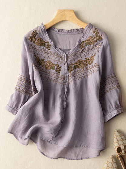 Embroidered Crew Neck 3/4 Sleeve Casual Linen Top