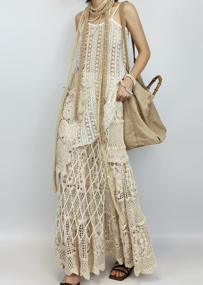 Art Beige Hollow Out Spaghetti Strap Tank And Skirts Knit Two Pieces Set Sleeveless