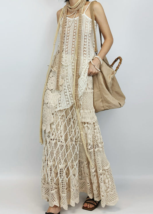 Art Beige Hollow Out Spaghetti Strap Tank And Skirts Knit Two Pieces Set Sleeveless
