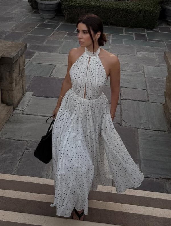 Polka Dot Halter Open Back Flowy A-line Maxi Dress