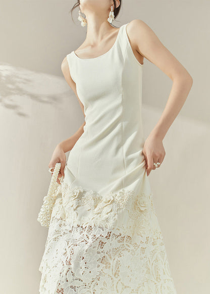 Elegant White O-Neck Lace Patchwork Maxi Spaghetti Strap Dresses Sleeveless