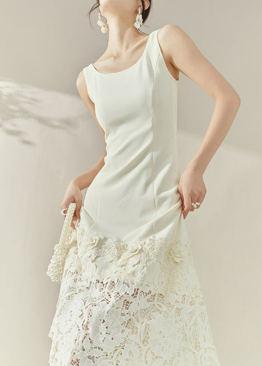 Elegant White O-Neck Lace Patchwork Maxi Spaghetti Strap Dresses Sleeveless