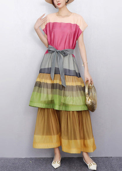 Pink Tie Waist Patchwork Bold Color Cotton Long Dresses O-Neck Summer