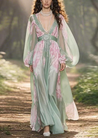 Italian Light Green V Neck Print High Waist Chiffon Long Dresses Spring
