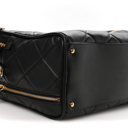 Shiny Grained Calfskin Quilted Large Travel Bowling Bag Black