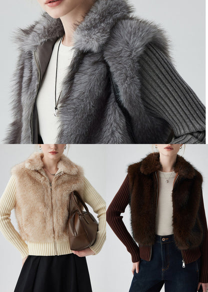 Chic Beige Zip Up Patchwork Faux Fox Fur Knit Coat Winter