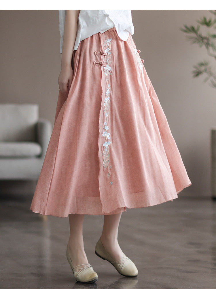 Vintage Double Cotton Linen Embroidered Buckle A-Line Skirt