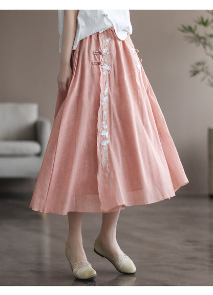 Vintage Double Cotton Linen Embroidered Buckle A-Line Skirt