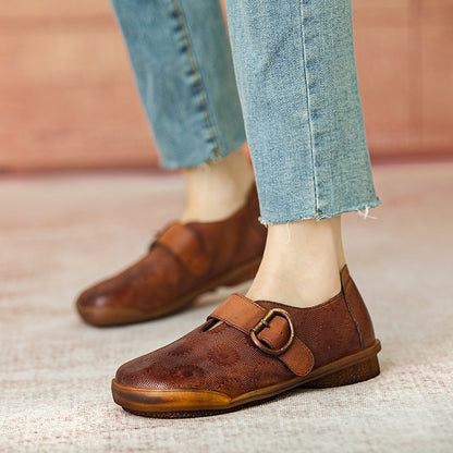 Women Retro Leather Bickled Flat Casual Shoes
