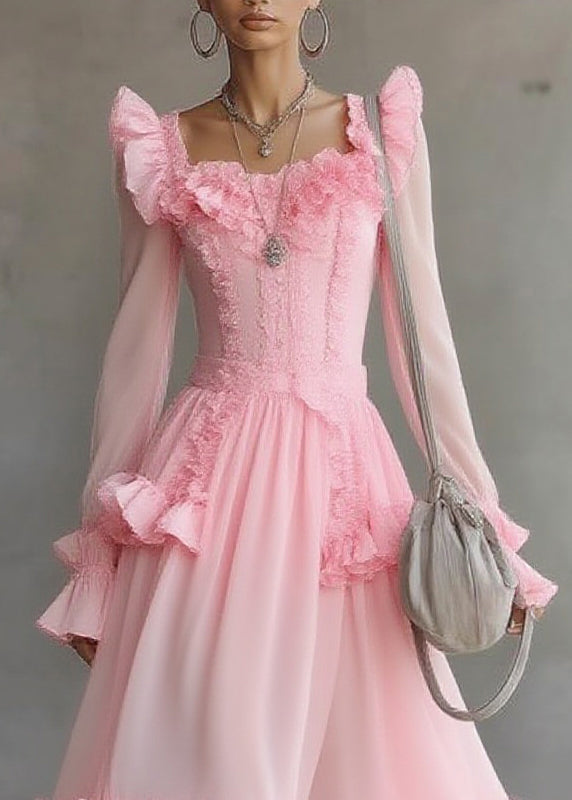 Cute Pink Square Collar Ruffled Patchwork Tulle Maxi Dress Lantern Sleeve