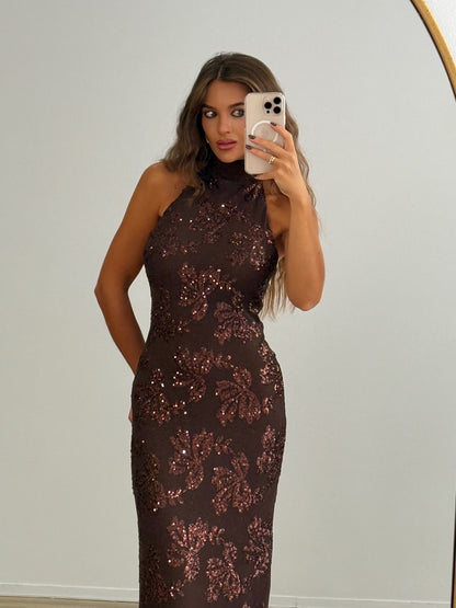 Sexy Sleeveless Halter Sequin Flower Dress