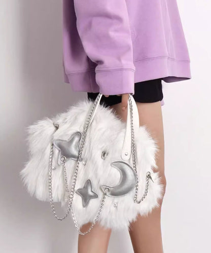 Fashion White Fuzzy Fur Fluffy Chain Linked Tote Handbag