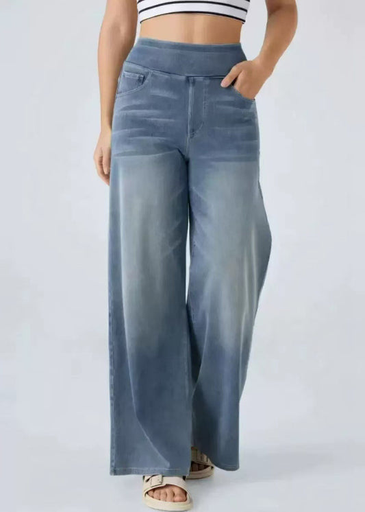 Vintage Light Blue Pockets Elastic Waist Denim Wide Leg Pants Summer