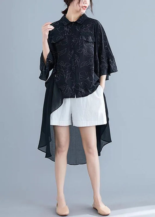 Italian o neck patchwork asymmetric chiffon clothes For Women black print Dress Summer