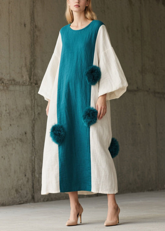 French Colorblock Oversized Patchwork Fuzzy Ball Decorated Dress Lantern Sleeve