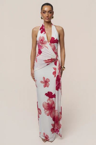 Halter Deep V Twist-Knot Floral Bodycon Maxi Dress