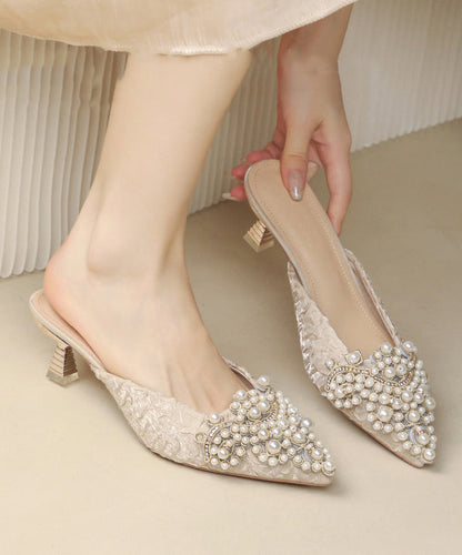 Elegant Splicing High Heel Blue Slide Sandals Nail Bead Pointed Toe