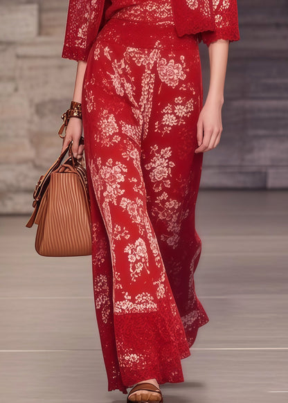 Women Red Print Lace Patchwork Spandex Two-Piece Set Summer