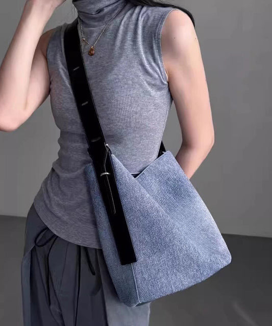 French Blue Large Capacity Durable Faux Leather Bucket Bag