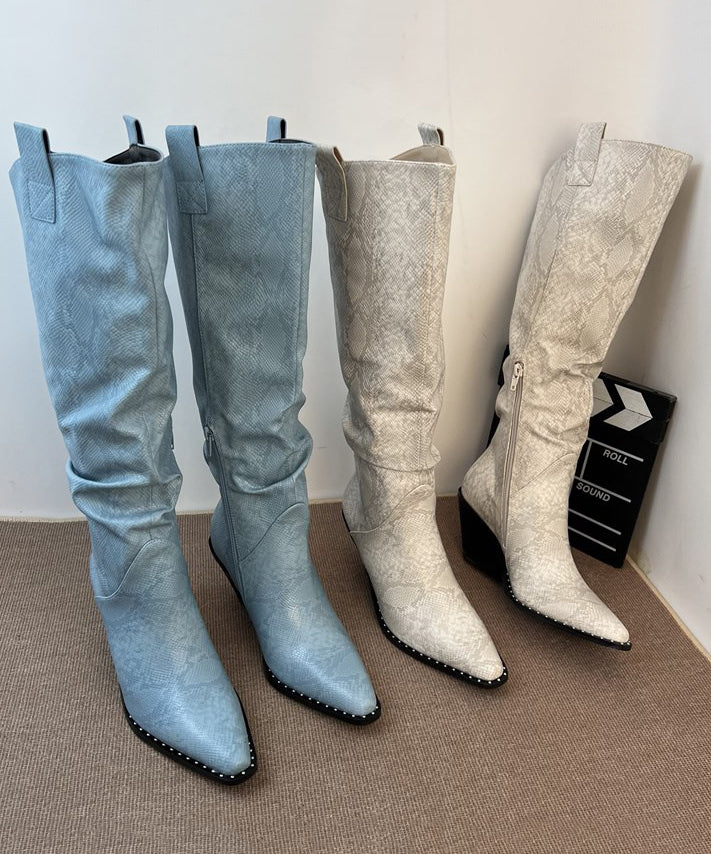 Fashion Splicing Chunky Boots Blue Faux Leather Pointed Toe