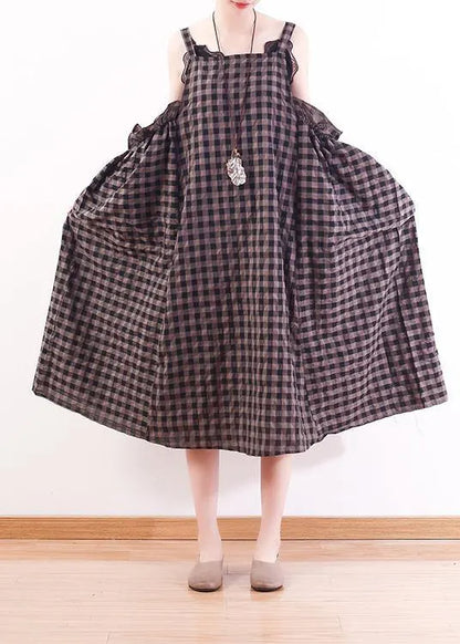 French gray Plaid cotton Long Shirts Omychic design Spaghetti Traveling Summer Dresses