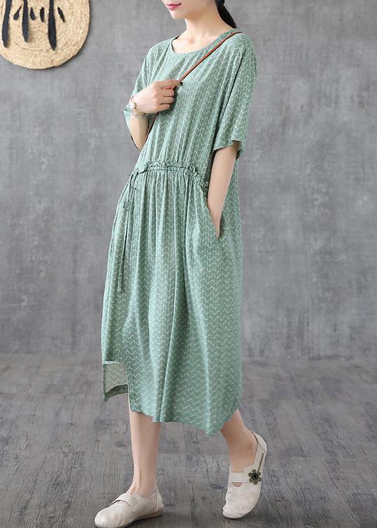 Chic green print linen dresses o neck asymmetric loose summer Dress