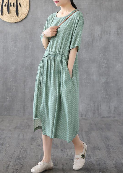 Chic green print linen dresses o neck asymmetric loose summer Dress