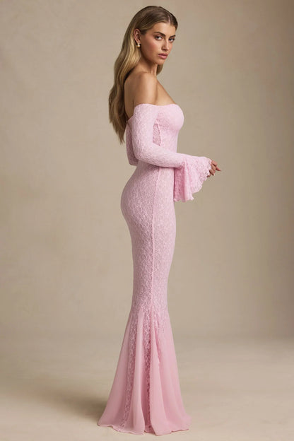 Off-Shoulder Ruffle Lace Maxi Dress In Soft Pink