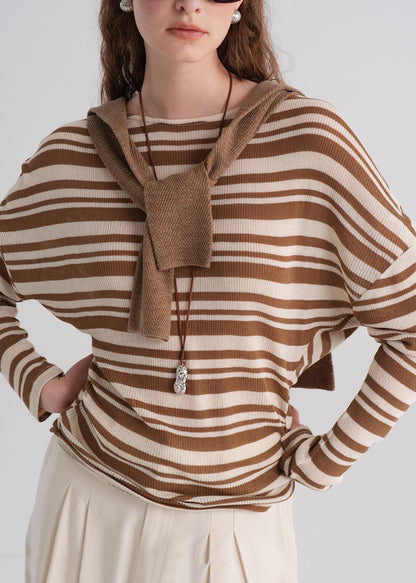 Fashion Brown O Neck Striped Knit Blouse Top Fall