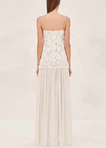 Floral White Zippered Wrinkled Chiffon Spaghetti Strap Dress Sleeveless