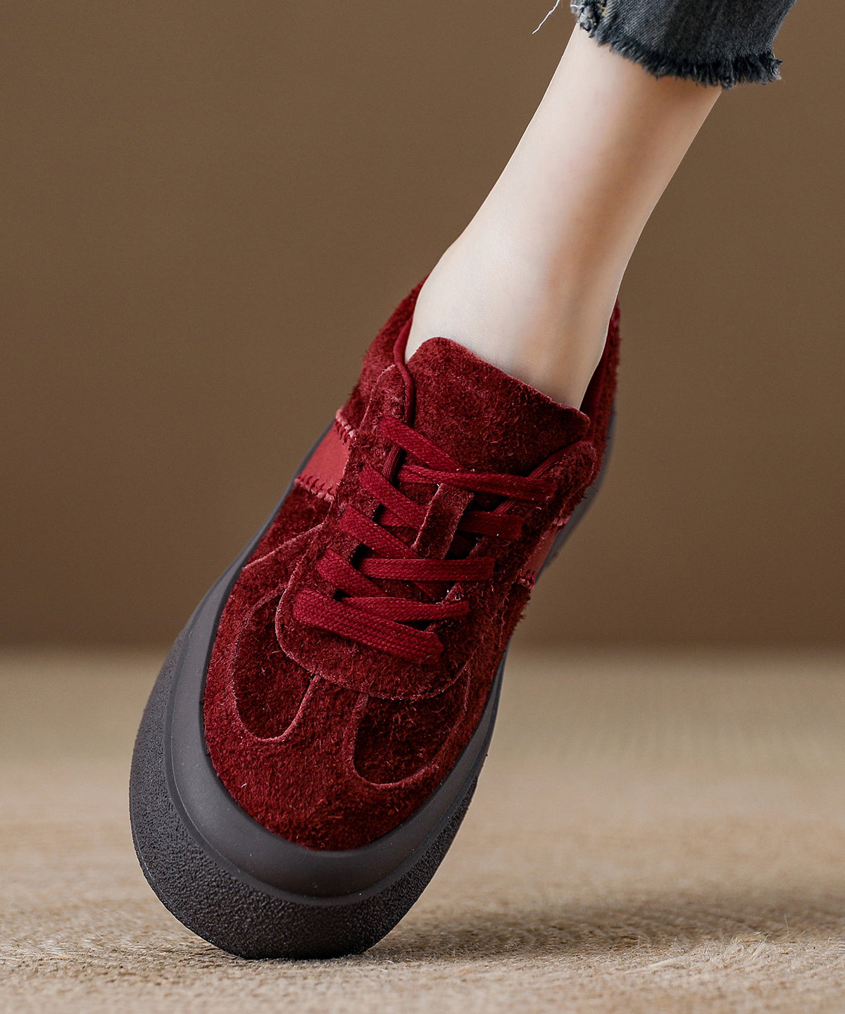 Red Suede Lace Up Women Splicing Flat Feet Shoes