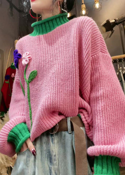 Stylish Pink Hign Neck Floral Patchwork Knit Sweater Winter