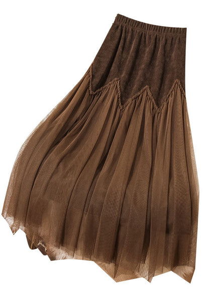 Boho Coffee High Waist Patchwork Corduroy Wrinkled Tulle Skirt Spring