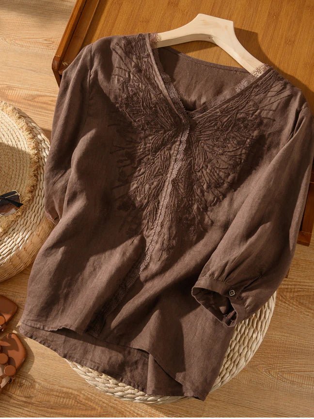 Embroidered V Neck 3/4 Sleeve Casual Linen Tee Top