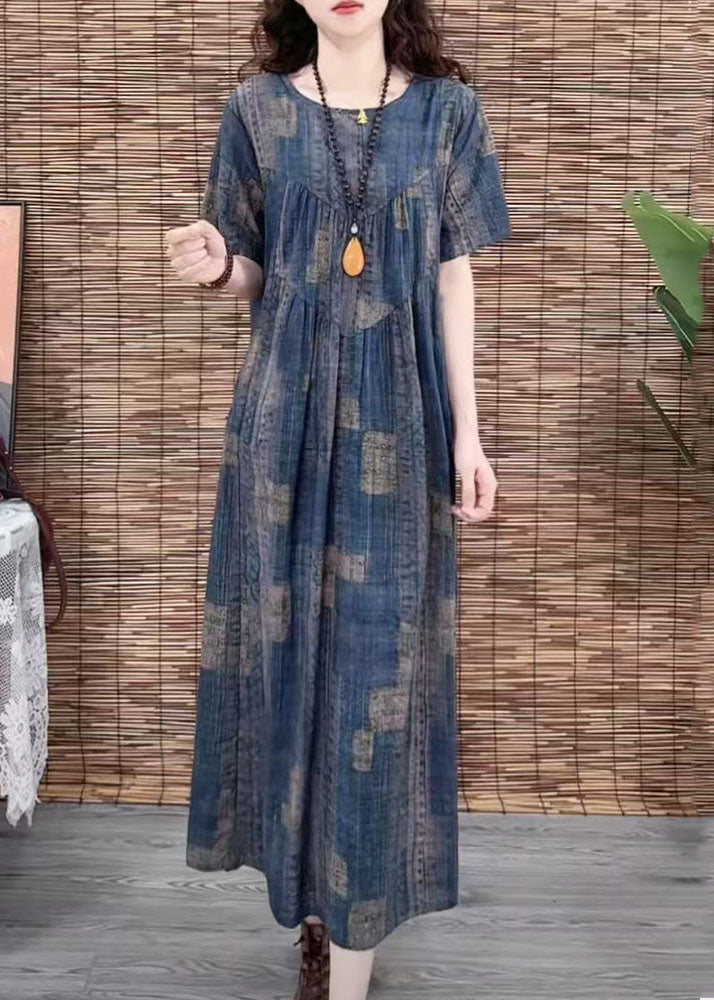 Vintage Navy Oversized Print Cotton Dress Summer