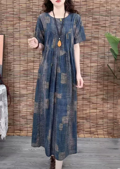 Vintage Navy Oversized Print Cotton Dress Summer