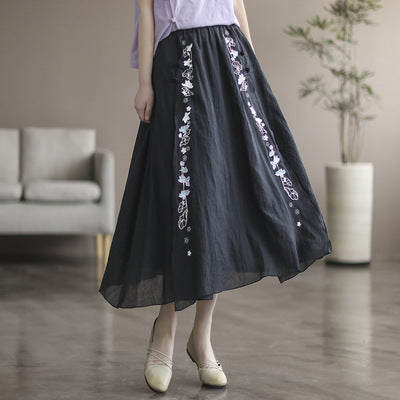 Vintage Double Cotton Linen Embroidered Buckle A-Line Skirt