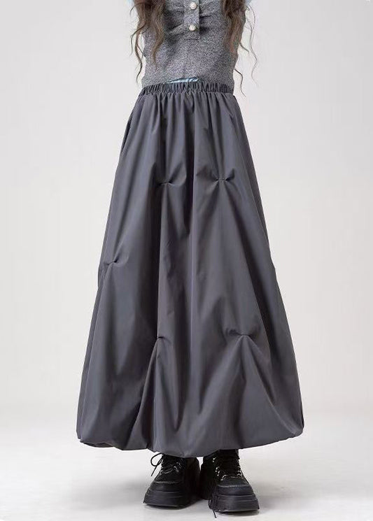 Casual Grey Wrinkled Elastic Waist Cotton Skirts Fall