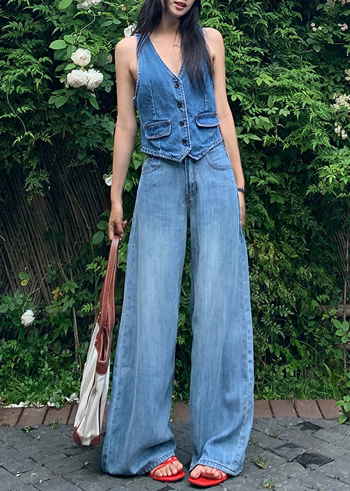 Elegant Blue High Waist Draping Denim Straight Pants Fall