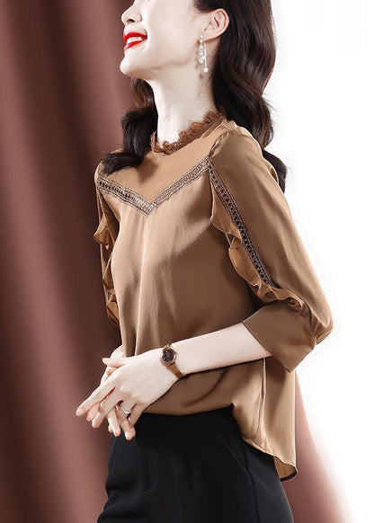 Elegant Khaki Ruffles Patchwork Hollow Out Chiffon Shirt Tops Bracelet Sleeve