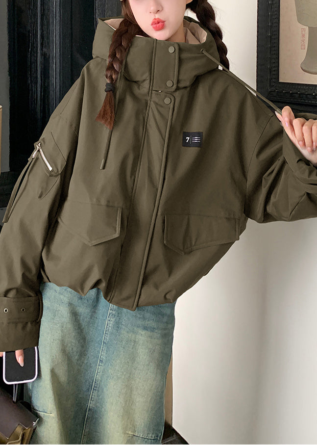 Chic Army Green Hooded Patchwork Fine Cotton Filled Parkas Winter