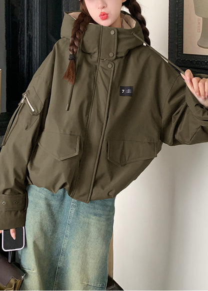 Chic Army Green Hooded Patchwork Fine Cotton Filled Parkas Winter